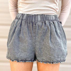 Mustard Seed Charcoal Acid Wash Elastic Waist Shorts with Ruffle Hem